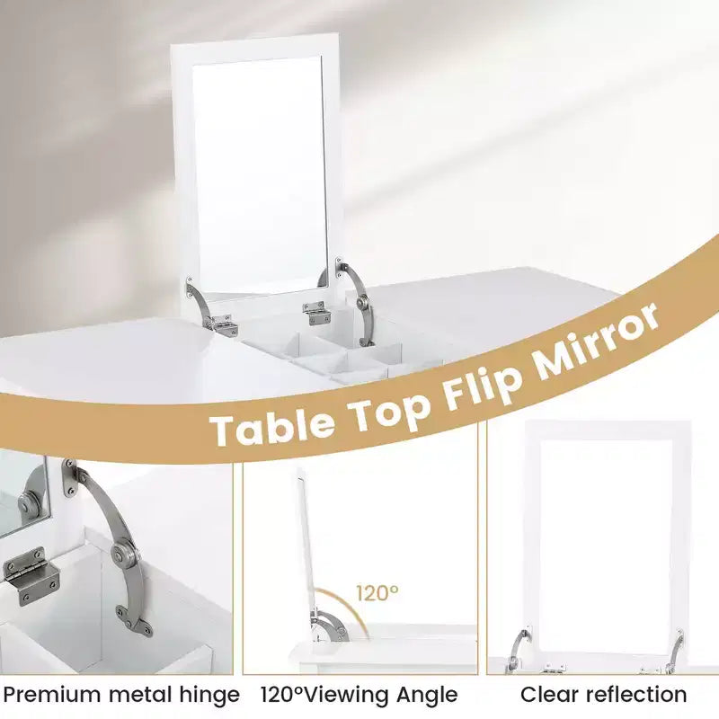 Costway 2-In-1 Vanity Table with Flip-Top Mirror 2 Drawers 9-Slot Storage Compartment White