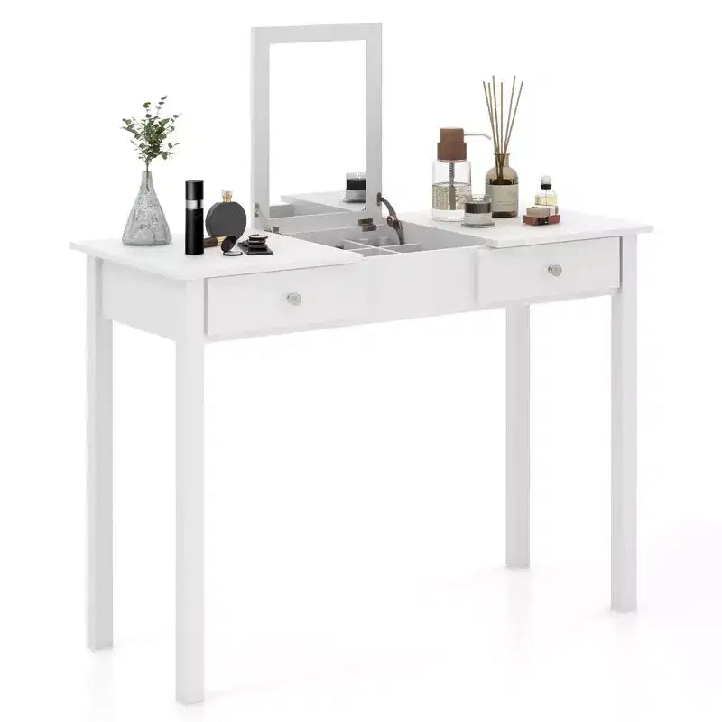 Costway 2-In-1 Vanity Table with Flip-Top Mirror 2 Drawers 9-Slot Storage Compartment White