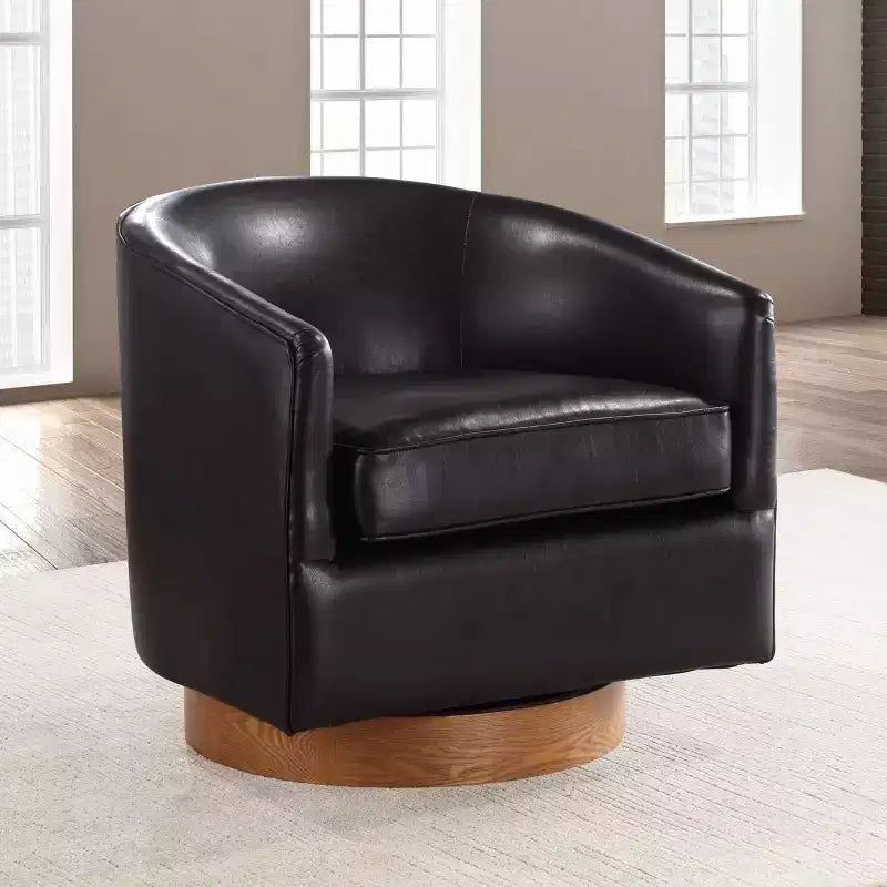 Comfort Pointe Irving Faux Leather Wood Base Barrel Swivel Accent Chair