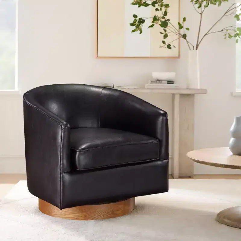 Comfort Pointe Irving Faux Leather Wood Base Barrel Swivel Accent Chair