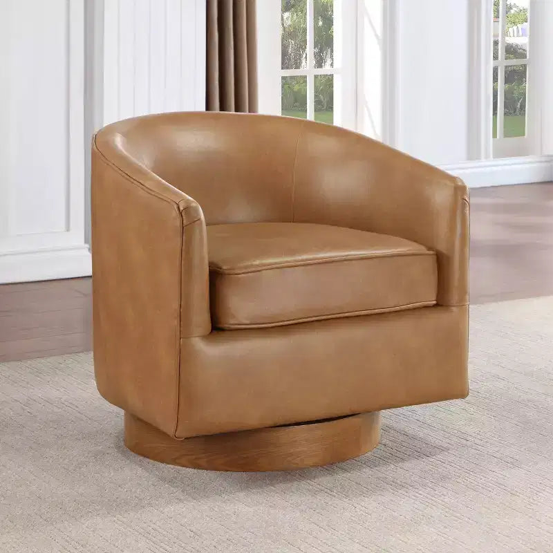 Comfort Pointe Irving Faux Leather Wood Base Barrel Swivel Accent Chair