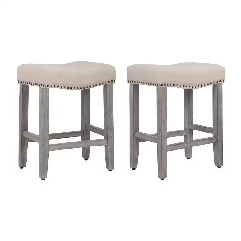 WestinTrends 24 Upholstered Saddle Seat Counter Stool (Set of 2), Antique Gray/Beige