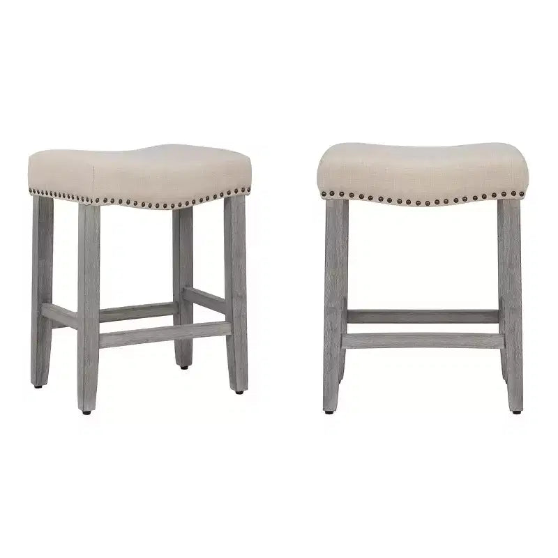 WestinTrends 24 Upholstered Saddle Seat Counter Stool (Set of 2), Antique Gray/Beige