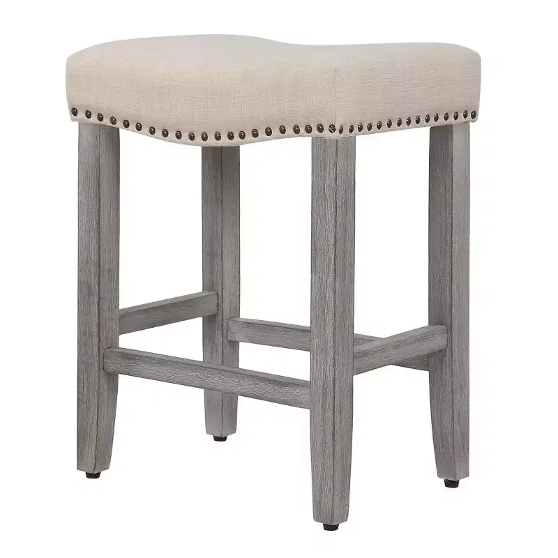 WestinTrends 24 Upholstered Saddle Seat Counter Stool (Set of 2), Antique Gray/Beige
