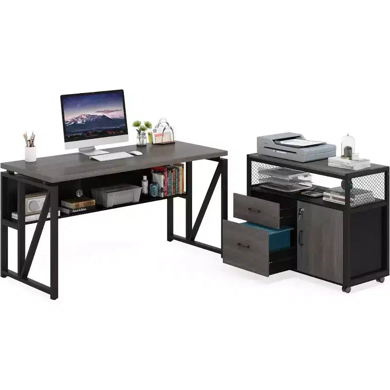 Lantine 55 Computer Office Desk with 2-drawer Mobile File Cabinet, Modern L-shaped Executive Desk with Storage Shelves for Home Office