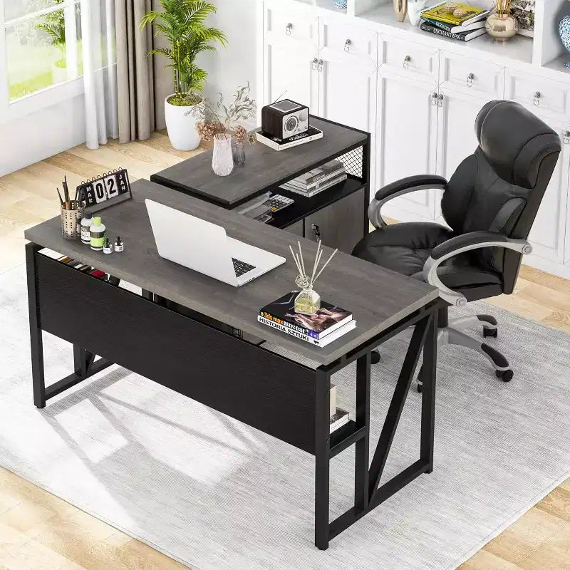 Lantine 55 Computer Office Desk with 2-drawer Mobile File Cabinet, Modern L-shaped Executive Desk with Storage Shelves for Home Office