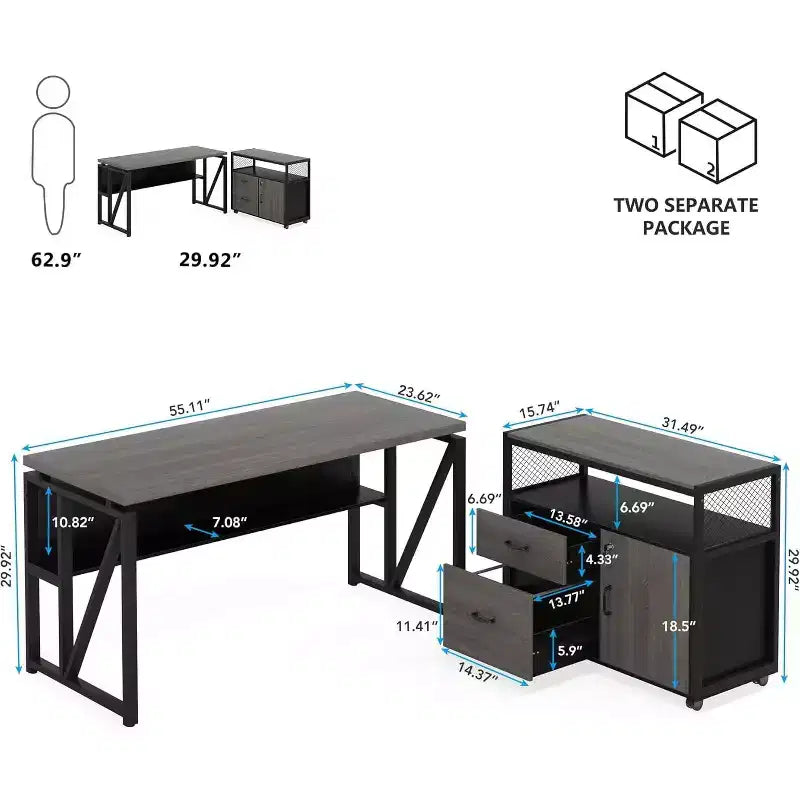 Lantine 55 Computer Office Desk with 2-drawer Mobile File Cabinet, Modern L-shaped Executive Desk with Storage Shelves for Home Office