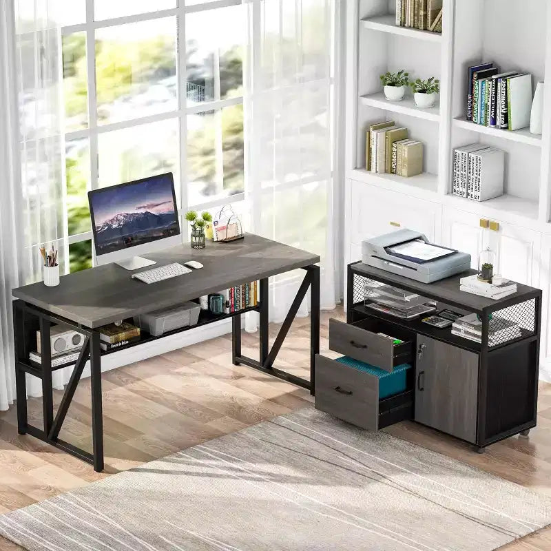 Lantine 55 Computer Office Desk with 2-drawer Mobile File Cabinet, Modern L-shaped Executive Desk with Storage Shelves for Home Office