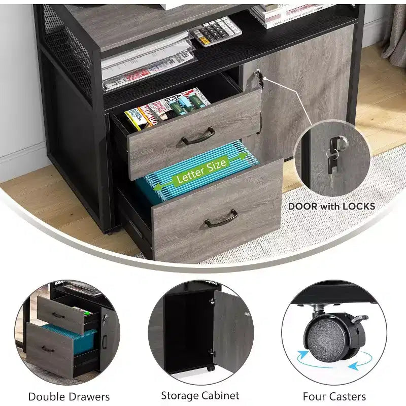 Lantine 55 Computer Office Desk with 2-drawer Mobile File Cabinet, Modern L-shaped Executive Desk with Storage Shelves for Home Office