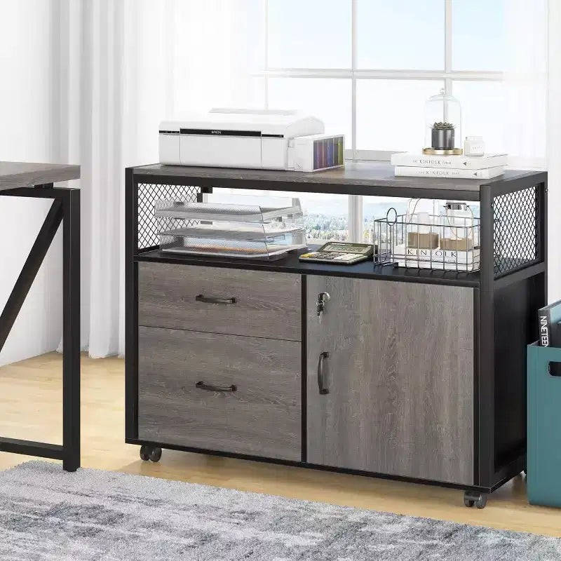 Lantine 55 Computer Office Desk with 2-drawer Mobile File Cabinet, Modern L-shaped Executive Desk with Storage Shelves for Home Office