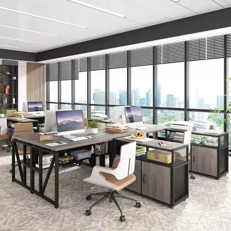 Lantine 55 Computer Office Desk with 2-drawer Mobile File Cabinet, Modern L-shaped Executive Desk with Storage Shelves for Home Office