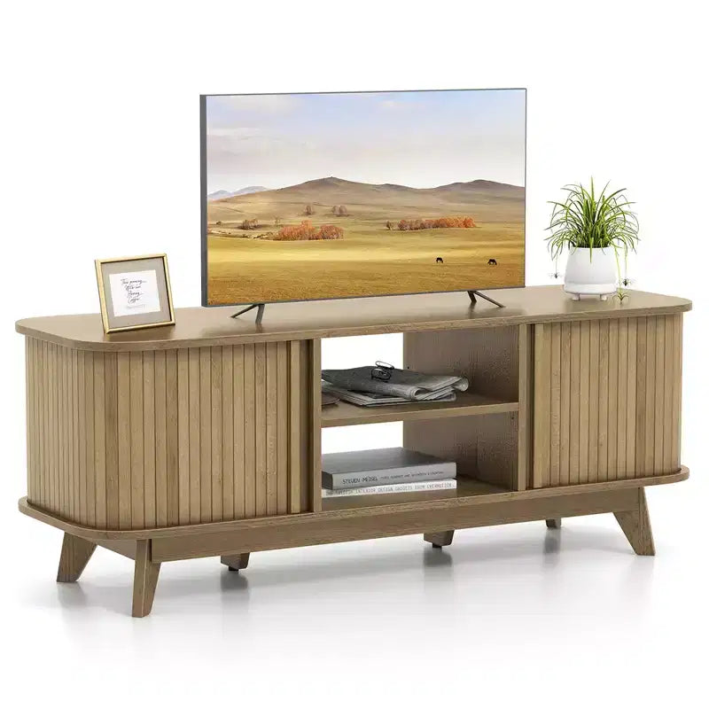 Costway TV Stand for TV up to 55 Inch Television Cabinet with 2 Open Shelves Sliding Doors
