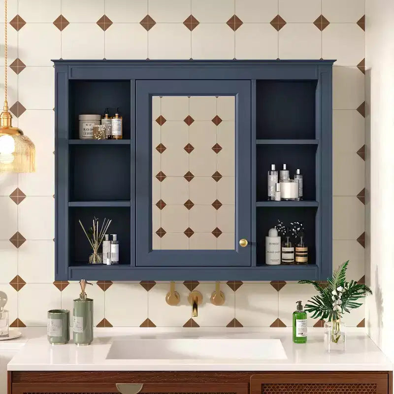 Bathroom Mirror Cabinet, Modern Bathroom Wall Cabinet Storage Organizer With Mirrors Door, 6 Open Shelves, Above Toilet Storage Cabinet