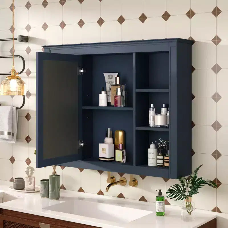Bathroom Mirror Cabinet, Modern Bathroom Wall Cabinet Storage Organizer With Mirrors Door, 6 Open Shelves, Above Toilet Storage Cabinet