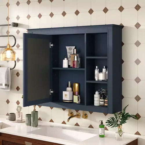 Bathroom Mirror Cabinet, Modern Bathroom Wall Cabinet Storage Organizer With Mirrors Door, 6 Open Shelves, Above Toilet Storage Cabinet