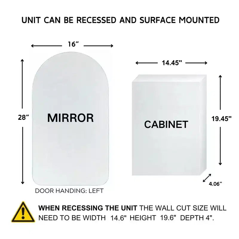TEHOME Arched Recess and Surface Mount Frameless Medicine Cabinet with Mirror