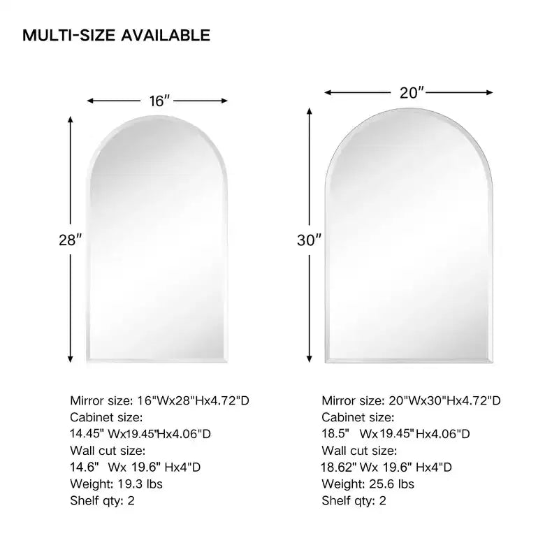 TEHOME Arched Recess and Surface Mount Frameless Medicine Cabinet with Mirror