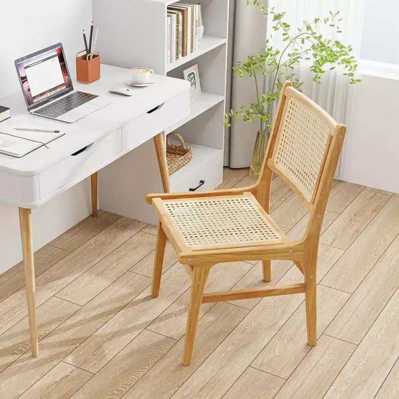 Costway 1/2 PCS Rattan Dining Chair with Natural Cane Woven Backrest & Seat & Teak Wood Frame