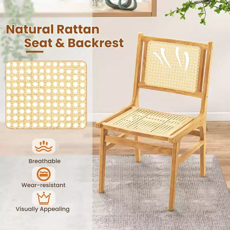 Costway 1/2 PCS Rattan Dining Chair with Natural Cane Woven Backrest & Seat & Teak Wood Frame