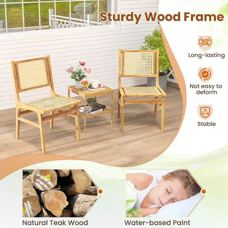 Costway 1/2 PCS Rattan Dining Chair with Natural Cane Woven Backrest & Seat & Teak Wood Frame