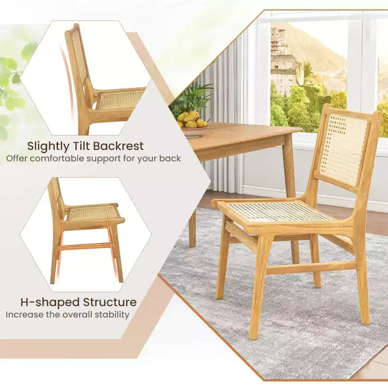 Costway 1/2 PCS Rattan Dining Chair with Natural Cane Woven Backrest & Seat & Teak Wood Frame