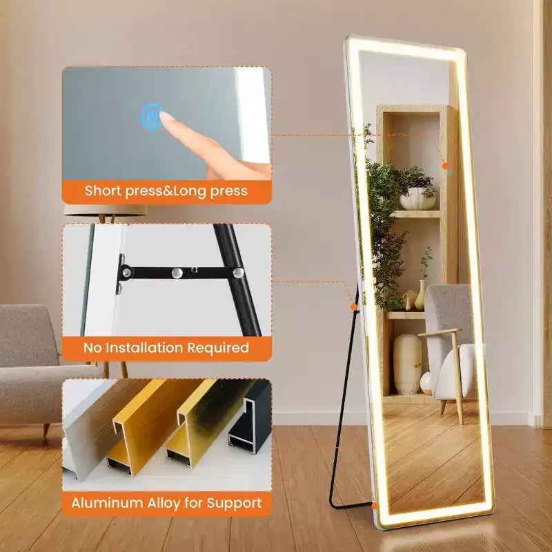 JIONJOY LED Light Rectangular Frameless Full Length Mirror with 3 Colors