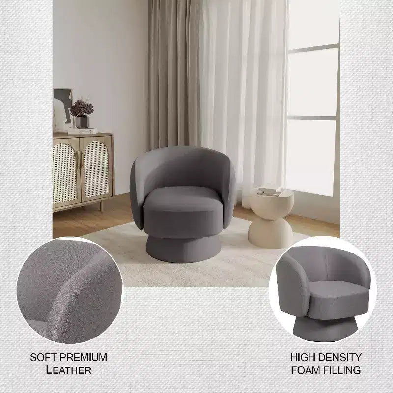 LeisureMod Raze Modern Boucl Swivel Barrel Chair - Textured Upholstered Accent Armchair with 360-Degree Solid Pine Wood Base