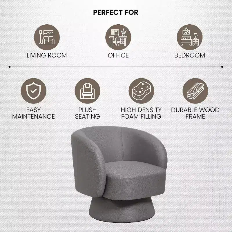 LeisureMod Raze Modern Boucl Swivel Barrel Chair - Textured Upholstered Accent Armchair with 360-Degree Solid Pine Wood Base