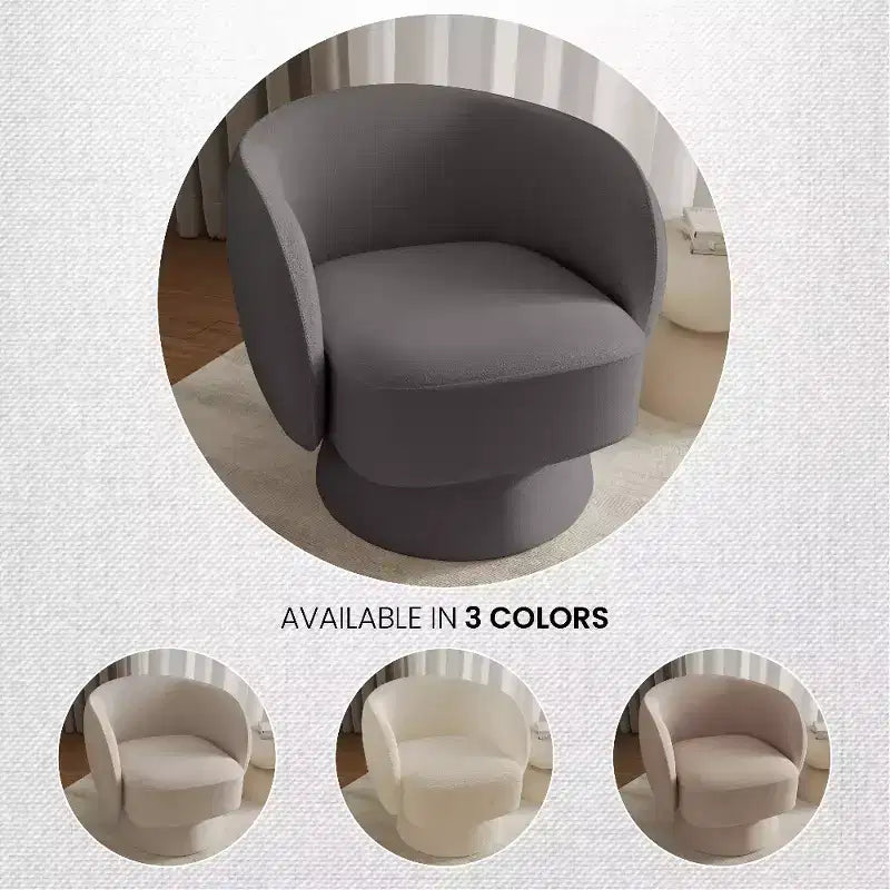 LeisureMod Raze Modern Boucl Swivel Barrel Chair - Textured Upholstered Accent Armchair with 360-Degree Solid Pine Wood Base