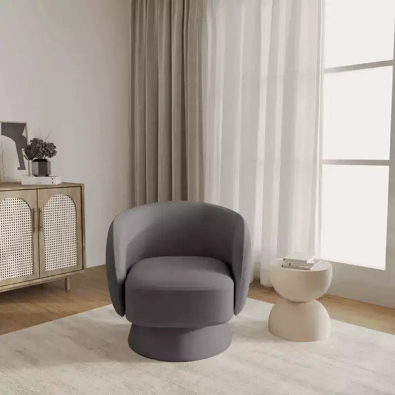 LeisureMod Raze Modern Boucl Swivel Barrel Chair - Textured Upholstered Accent Armchair with 360-Degree Solid Pine Wood Base