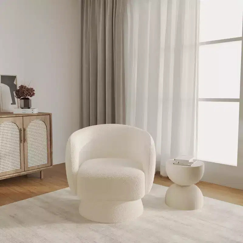 LeisureMod Raze Modern Boucl Swivel Barrel Chair - Textured Upholstered Accent Armchair with 360-Degree Solid Pine Wood Base