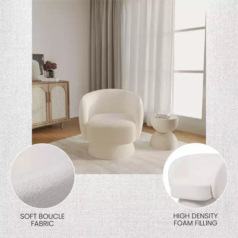 LeisureMod Raze Modern Boucl Swivel Barrel Chair - Textured Upholstered Accent Armchair with 360-Degree Solid Pine Wood Base