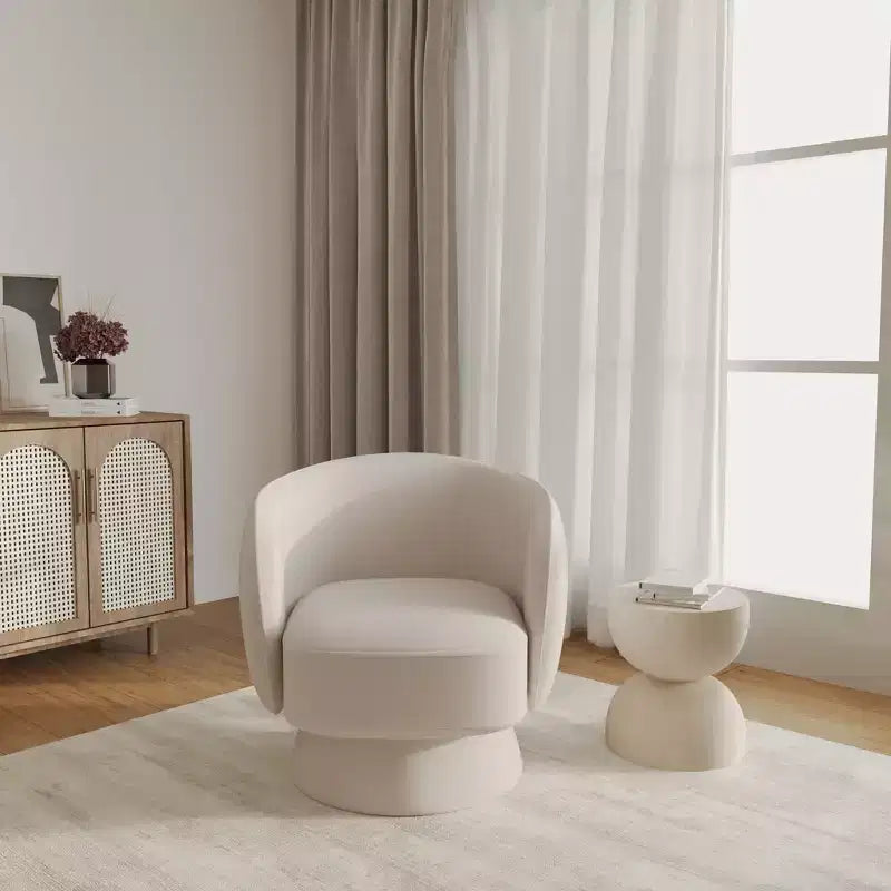 LeisureMod Raze Modern Boucl Swivel Barrel Chair - Textured Upholstered Accent Armchair with 360-Degree Solid Pine Wood Base