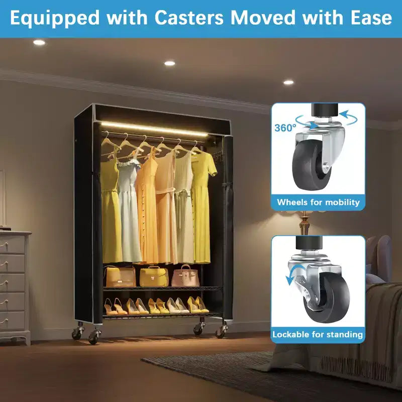 VIPEK R3LC Clothes Rack with Cover, Heavy Duty Garment Rack with Dimmable LED Lights, Metal Clothing Rack with Wheels, Closet with Cover