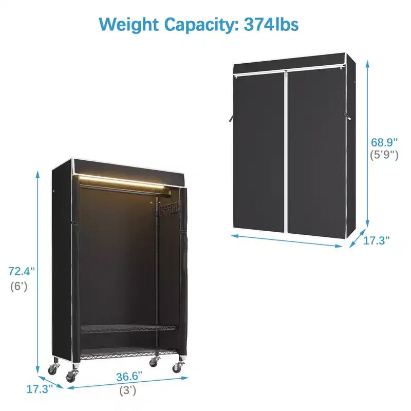 VIPEK R3LC Clothes Rack with Cover, Heavy Duty Garment Rack with Dimmable LED Lights, Metal Clothing Rack with Wheels, Closet with Cover