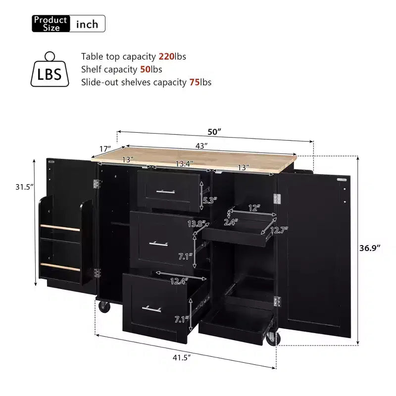 Whisen Modern Kitchen Island on Wheels with Spice Rack,Tower Rack,Drawers and Shelf