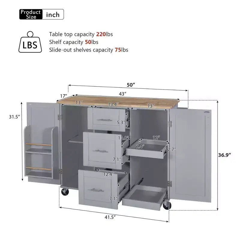 Whisen Modern Kitchen Island on Wheels with Spice Rack,Tower Rack,Drawers and Shelf