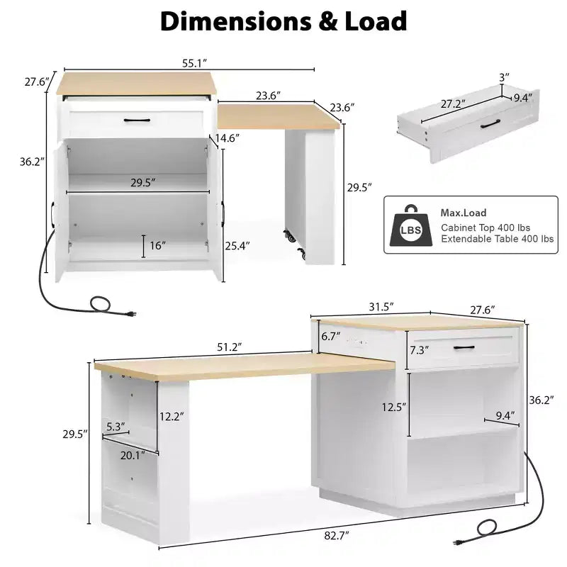 Whisen Modern Kitchen Island on Wheels with Spice Rack,Tower Rack,Drawers and Shelf