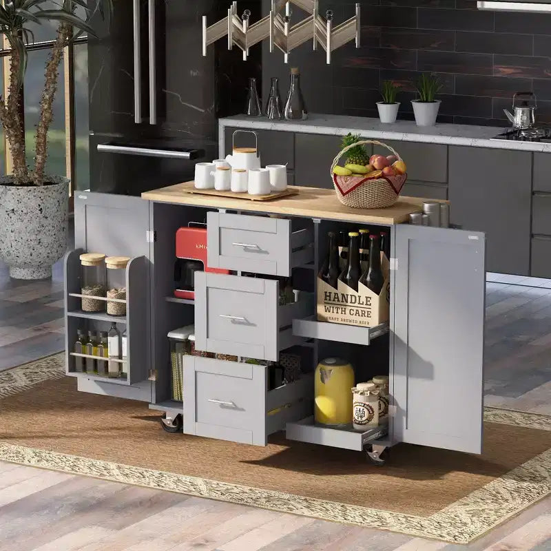 Whisen Modern Kitchen Island on Wheels with Spice Rack,Tower Rack,Drawers and Shelf