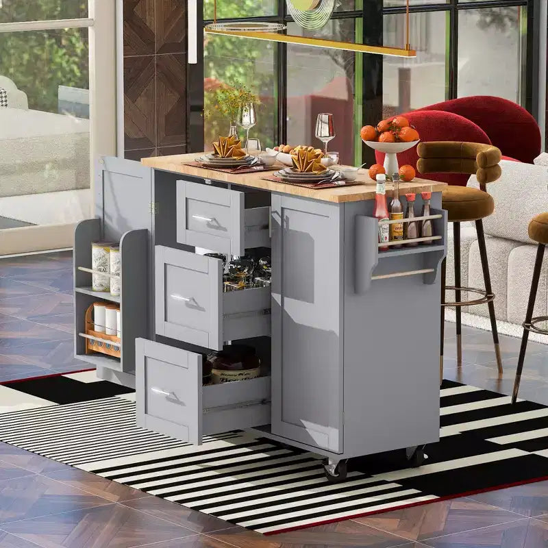 Whisen Modern Kitchen Island on Wheels with Spice Rack,Tower Rack,Drawers and Shelf