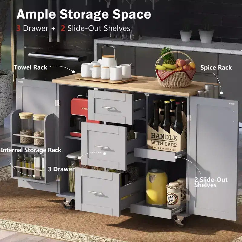 Whisen Modern Kitchen Island on Wheels with Spice Rack,Tower Rack,Drawers and Shelf
