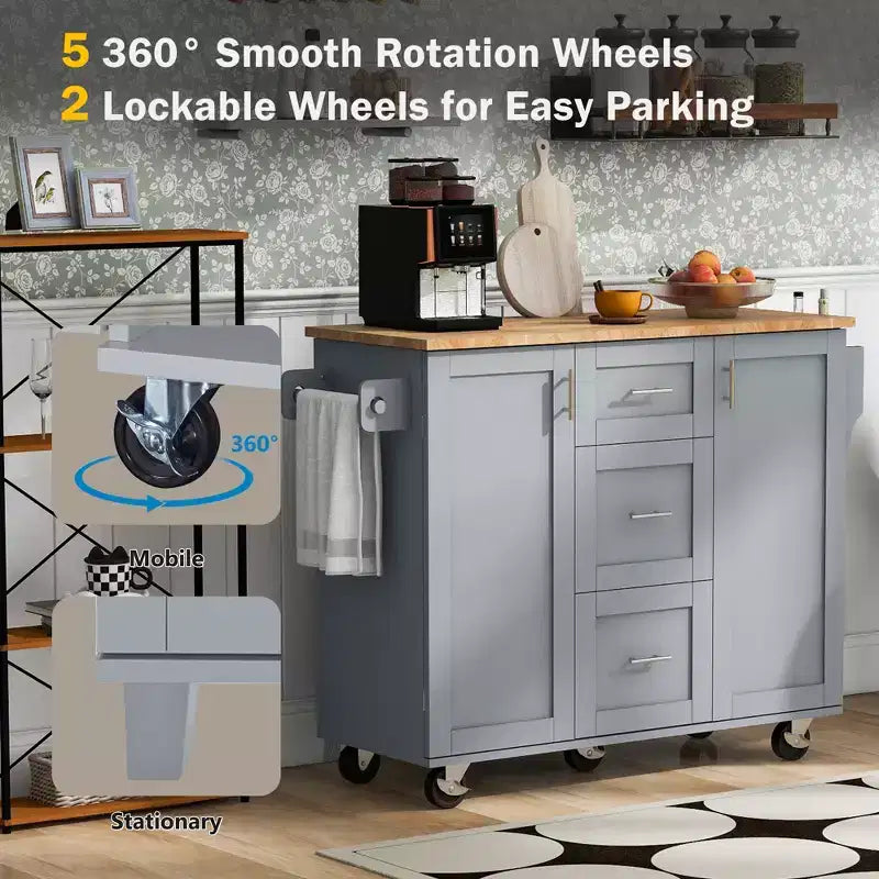 Whisen Modern Kitchen Island on Wheels with Spice Rack,Tower Rack,Drawers and Shelf