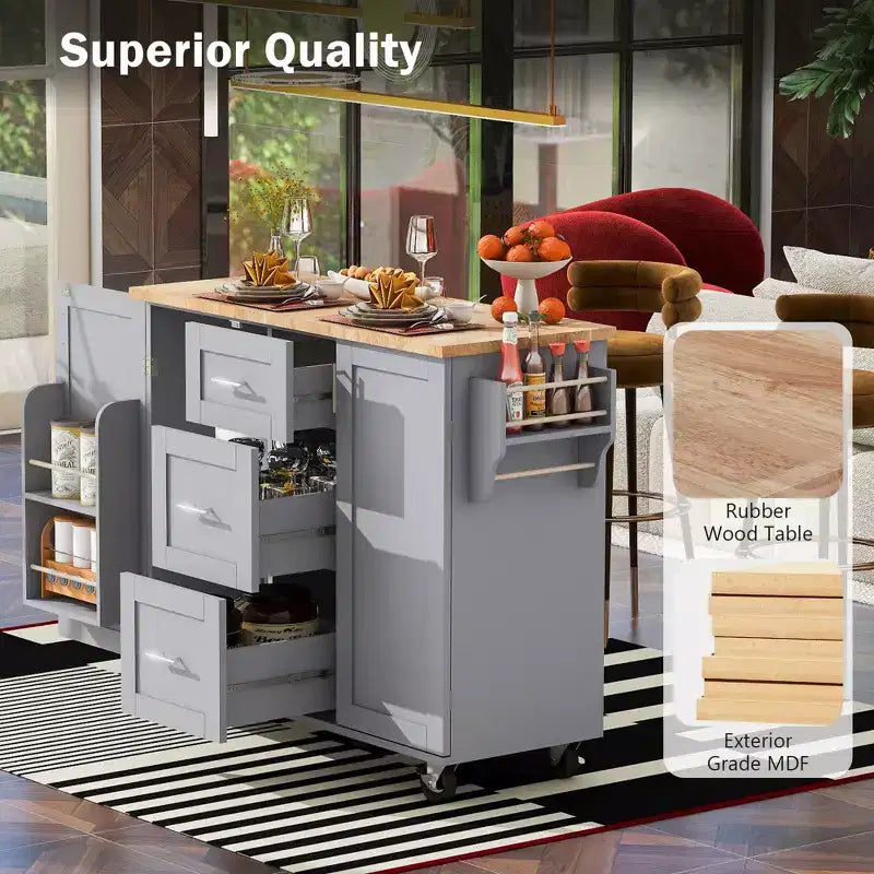 Whisen Modern Kitchen Island on Wheels with Spice Rack,Tower Rack,Drawers and Shelf