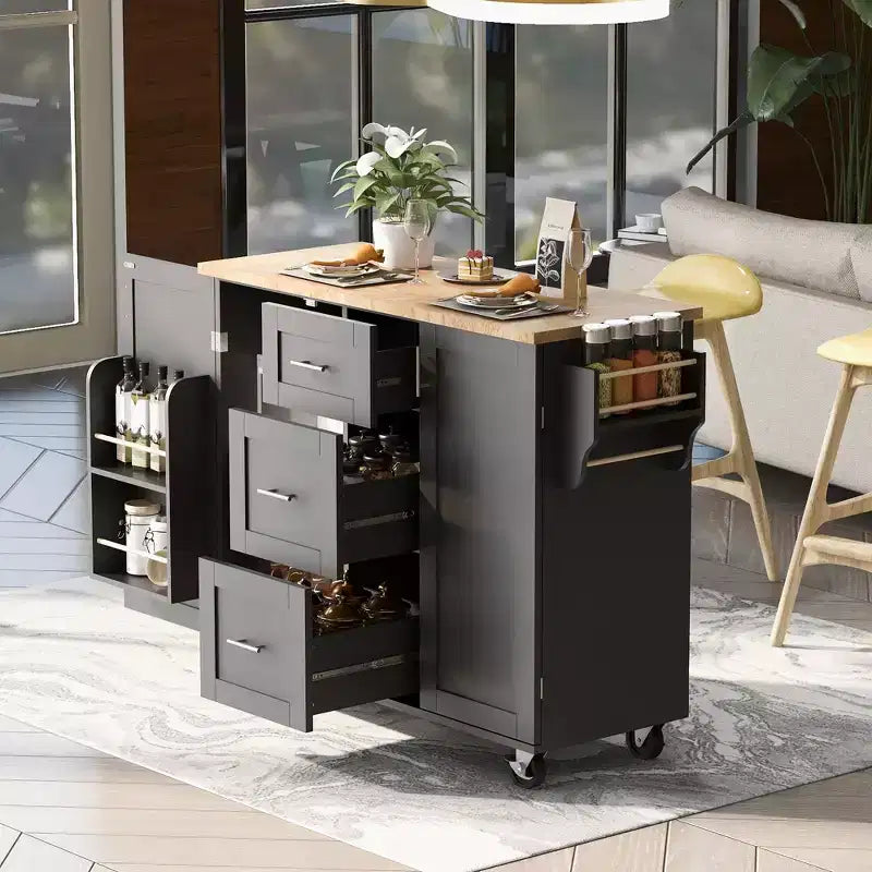 Whisen Modern Kitchen Island on Wheels with Spice Rack,Tower Rack,Drawers and Shelf