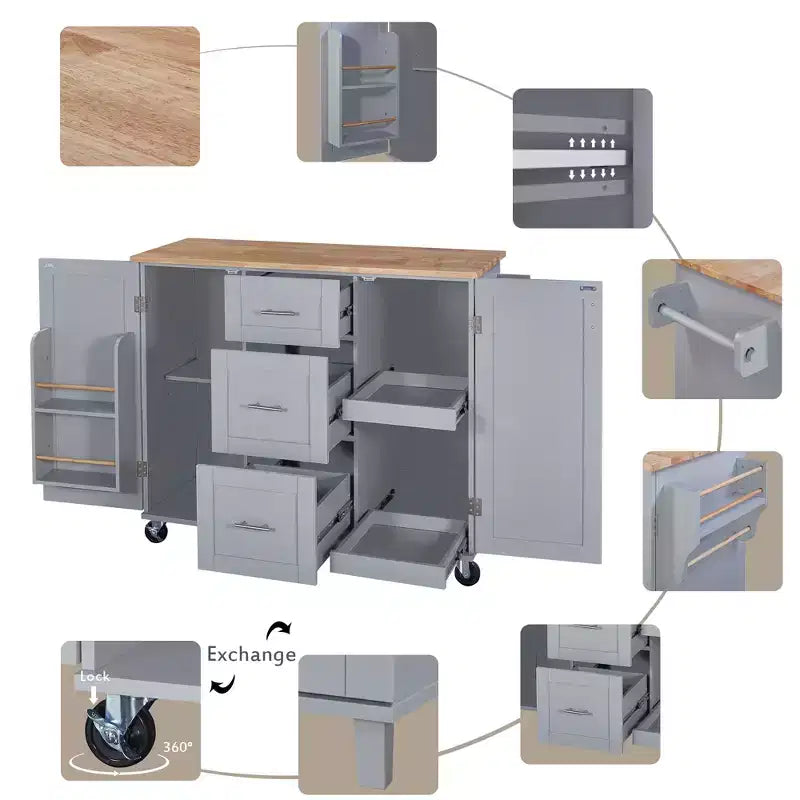Whisen Modern Kitchen Island on Wheels with Spice Rack,Tower Rack,Drawers and Shelf