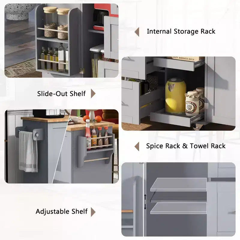 Whisen Modern Kitchen Island on Wheels with Spice Rack,Tower Rack,Drawers and Shelf