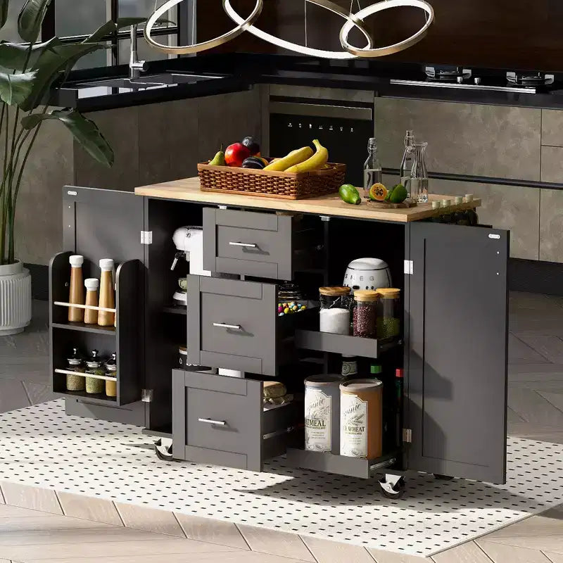 Whisen Modern Kitchen Island on Wheels with Spice Rack,Tower Rack,Drawers and Shelf