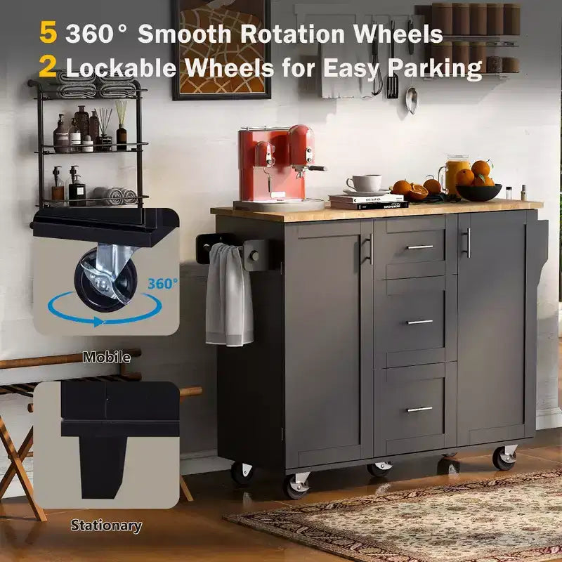 Whisen Modern Kitchen Island on Wheels with Spice Rack,Tower Rack,Drawers and Shelf