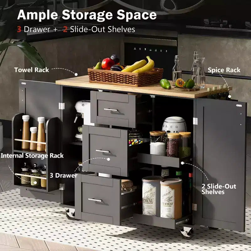 Whisen Modern Kitchen Island on Wheels with Spice Rack,Tower Rack,Drawers and Shelf