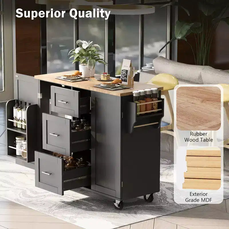 Whisen Modern Kitchen Island on Wheels with Spice Rack,Tower Rack,Drawers and Shelf